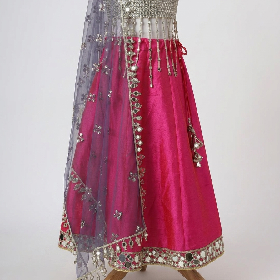 Silver Grey & Magenta Mirror Embroidered Lehenga Set - image 1