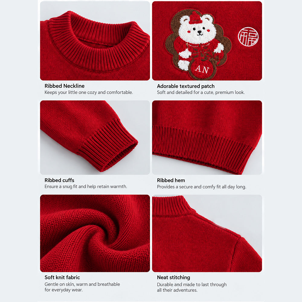Little Surprise Box, Red White Bear Knitted Winter Cardigan, Christmas Sweater for Kids