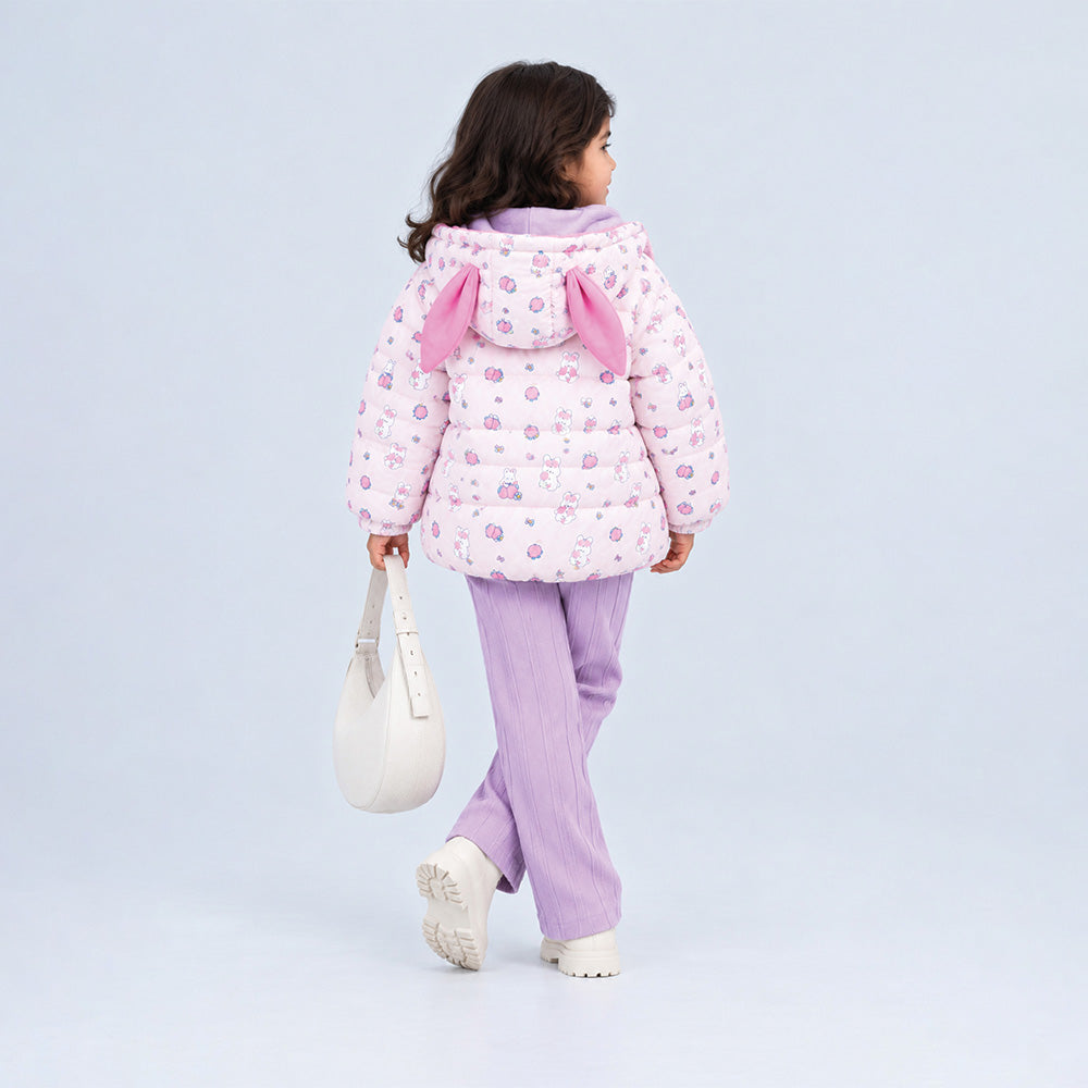 Little Surprise Box Pink Bunny Flower Quilted Hooded Winter Jacket for Kids
