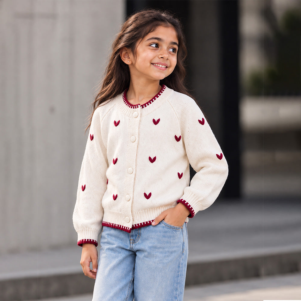 Little Surprise Box, Cream & Maroon Mini Hearts Knitted Winter Cardigan, Christmas Sweater for Kids
