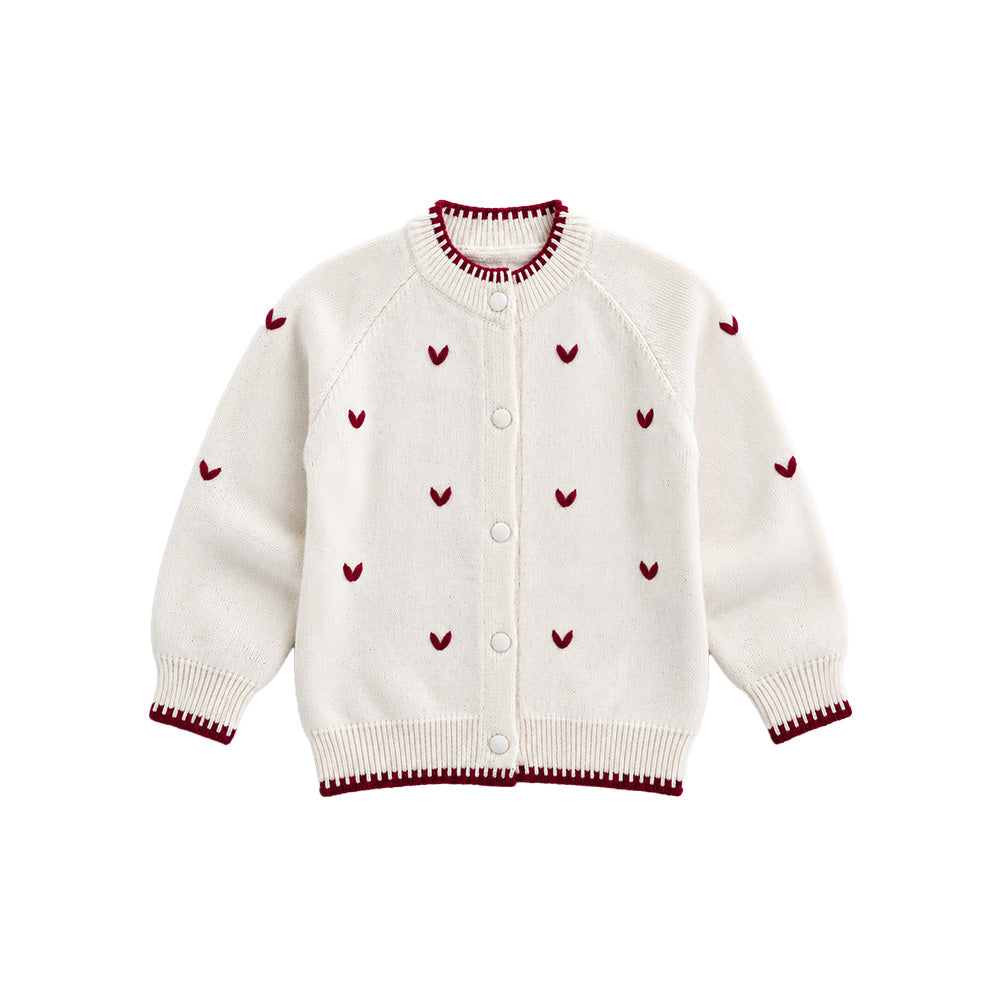 Little Surprise Box, Cream & Maroon Mini Hearts Knitted Winter Cardigan, Christmas Sweater for Kids