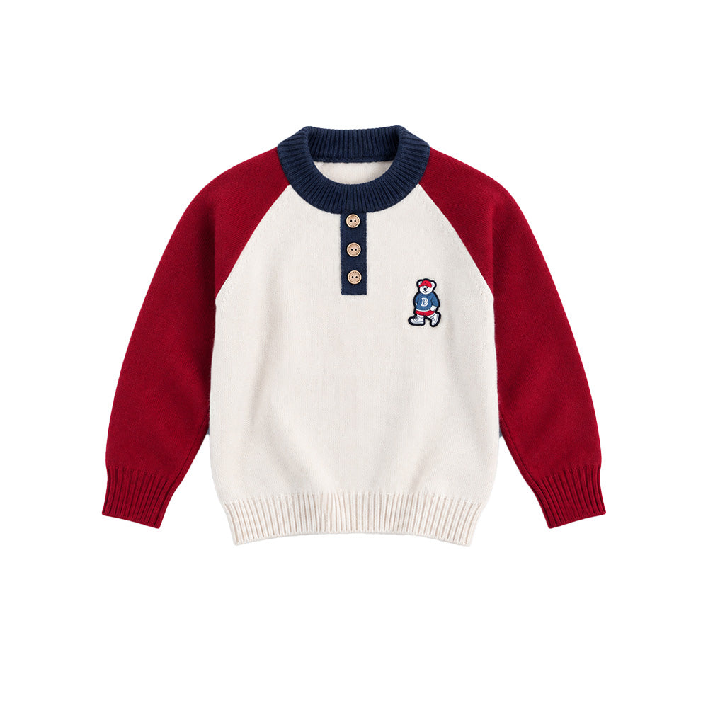 Little Surprise Box, Cream & Maroon Sporty Bear Winter Cardigan, Christmas Sweater for Kids