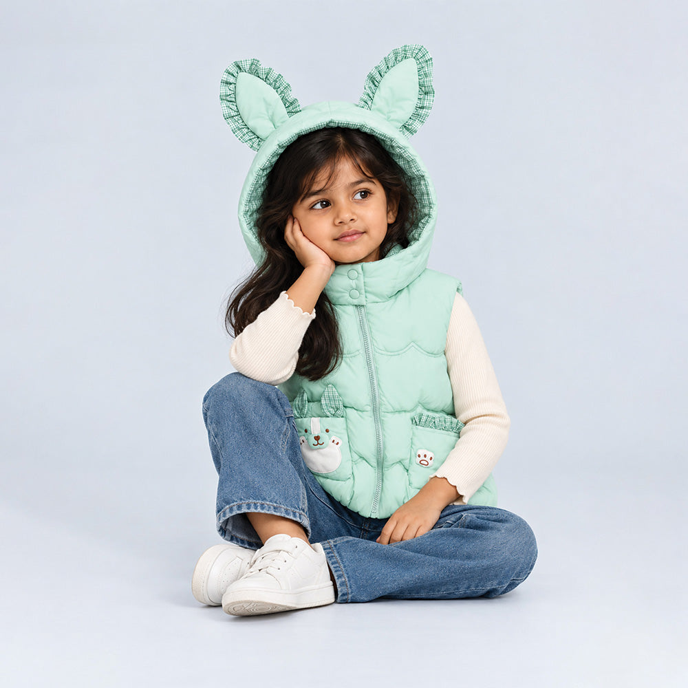 Little Surprise Box Green Bunny-Themed Quilted Hooded Sleeveless Winter Jacket for Kids