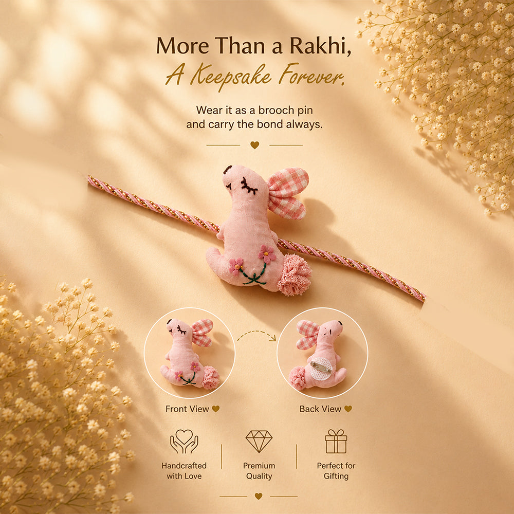 Dual-Style Plush Rakhi & Brooch for Kids - Floral Bunny image 3
