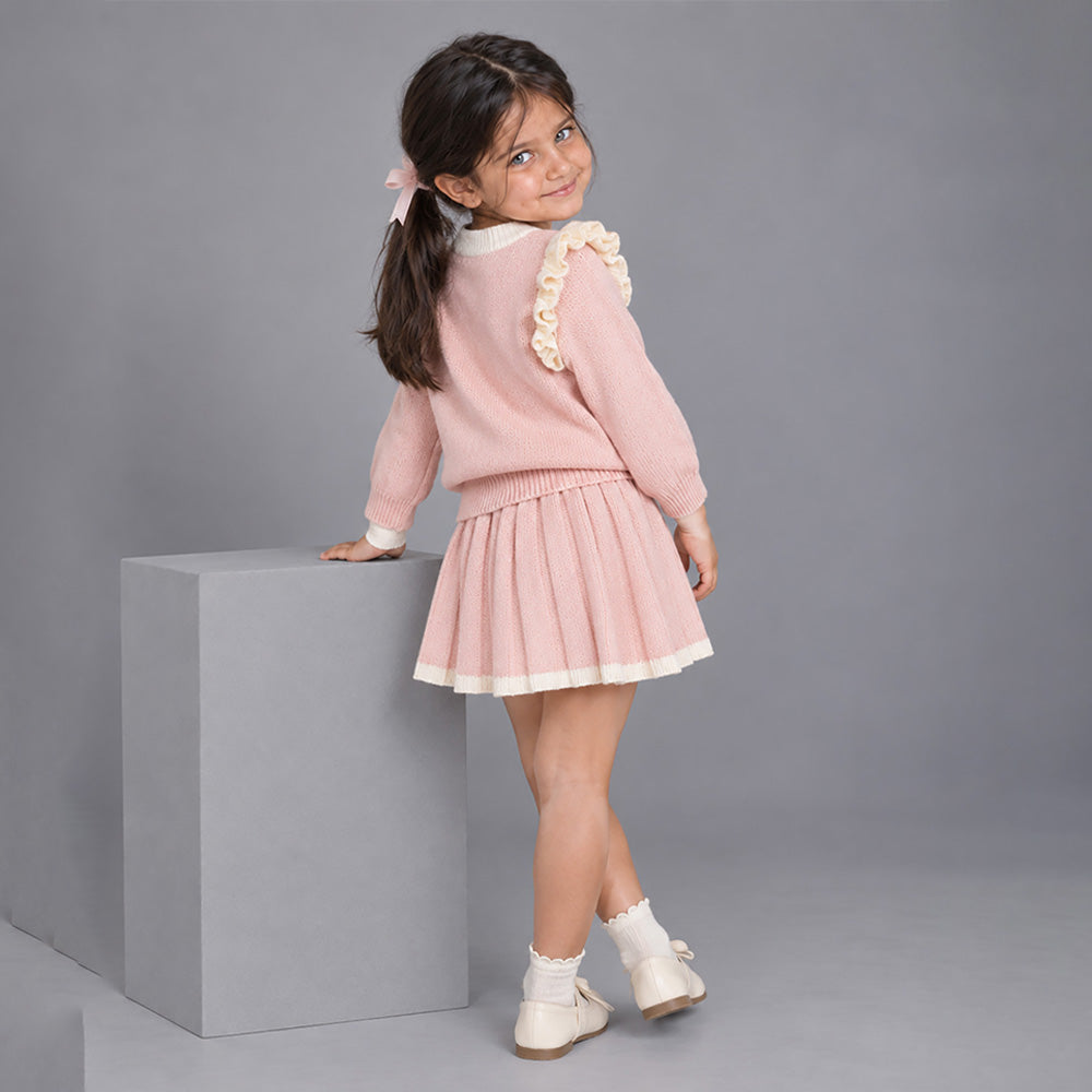 Little Surprise Box, Peach Bunny Sweater & Pleated Skirt, Winterwear 2 Pcs Set for Girls