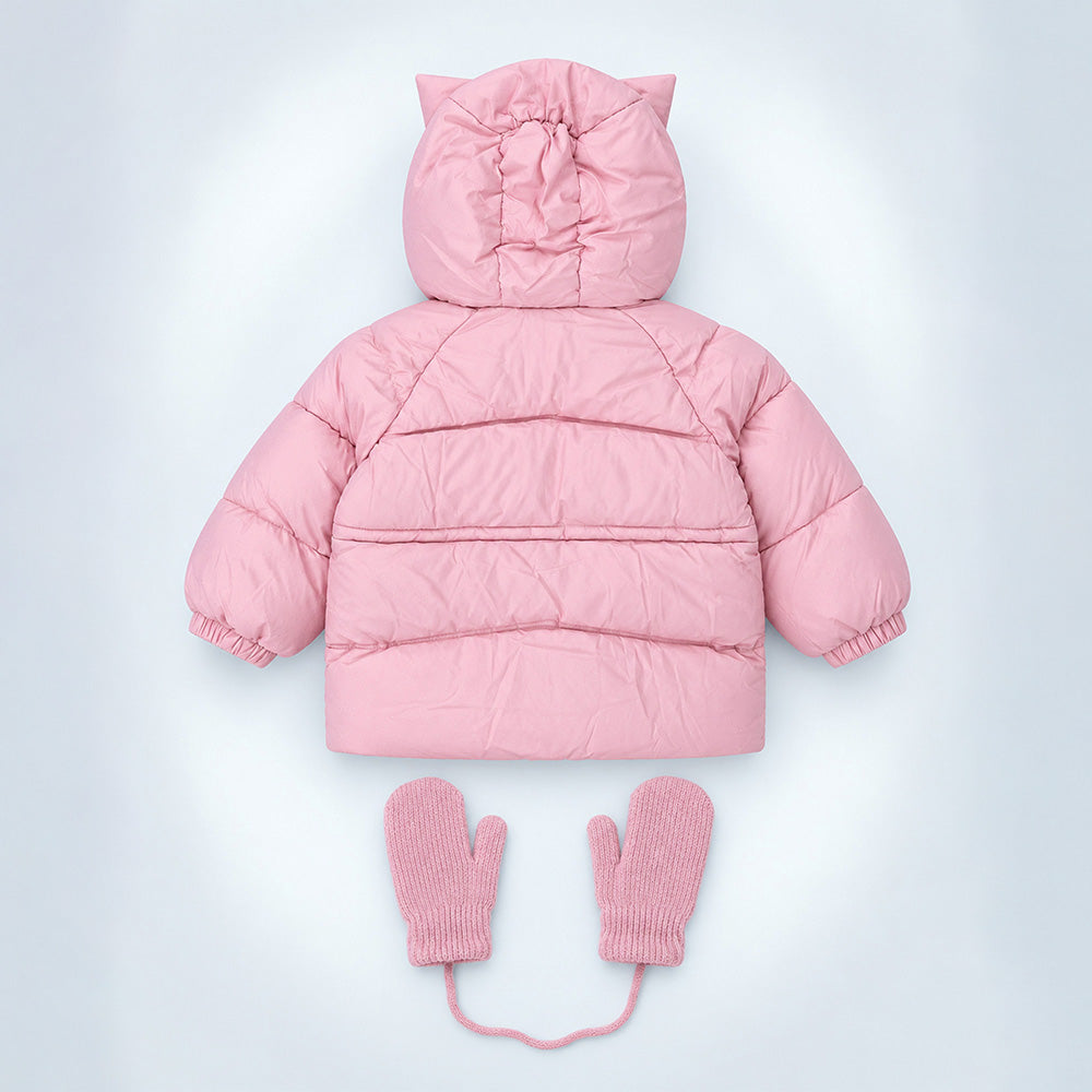 Little Surprise Box Pink Cat Glitter Quilted Hooded Winter Jacket with Mittens for Kids