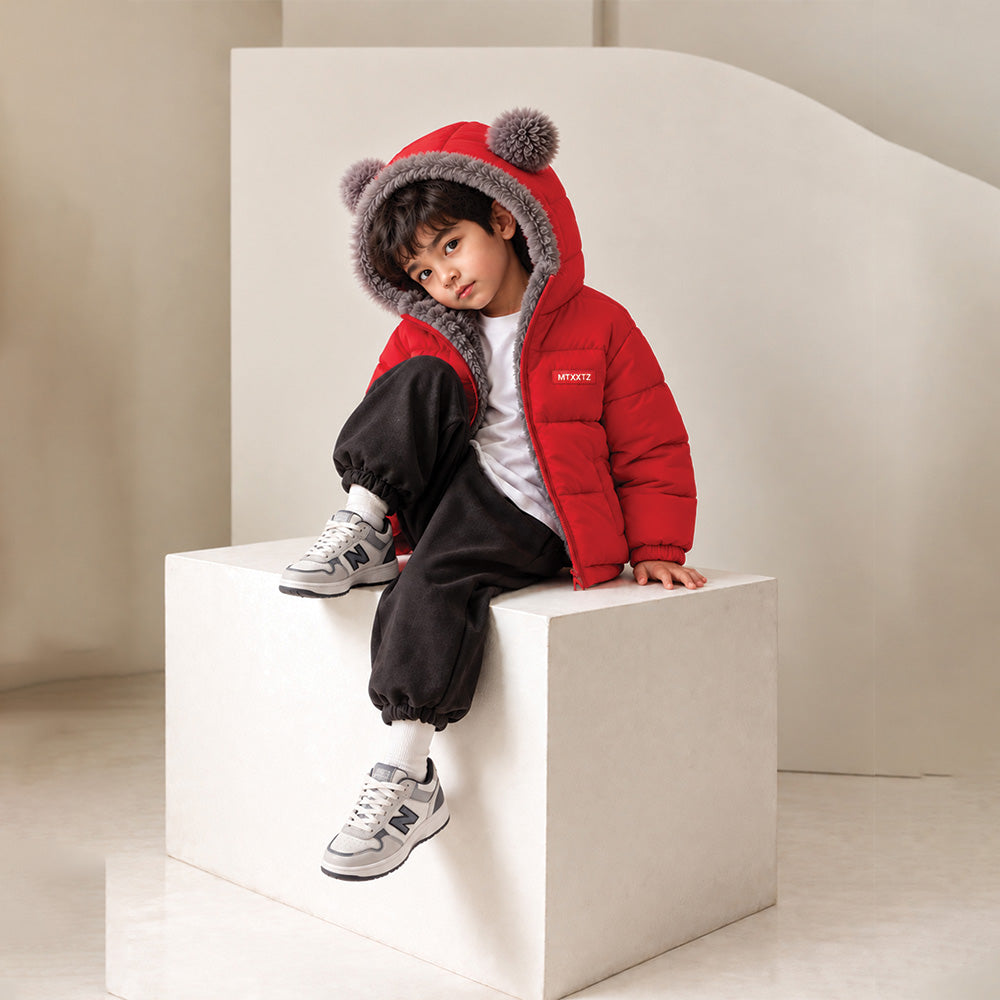Little Surprise Box Red Bear-Ear Faux-Fur Hooded Quilted Winter Jacket for Kids