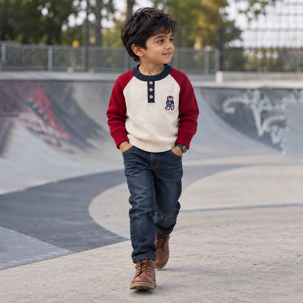 Little Surprise Box, Cream & Maroon Sporty Bear Winter Cardigan, Christmas Sweater for Kids