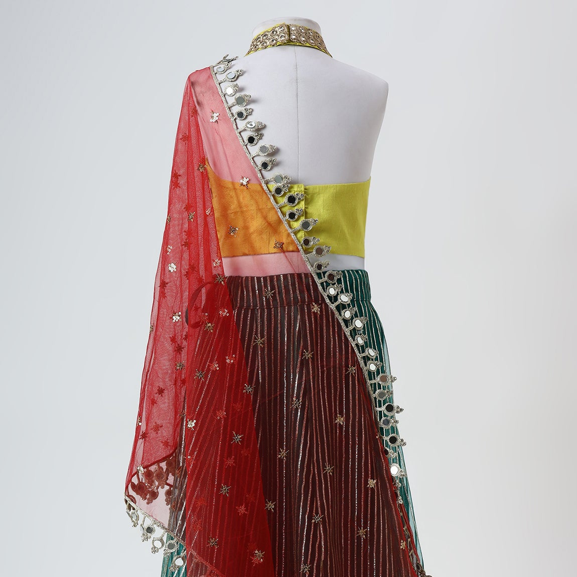 Yellow & Green Organza Mirrorwork Lehenga Set - image 4