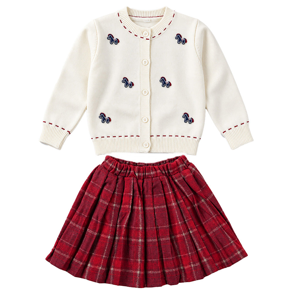Little Surprise Box, Ivory Horse Cardigan & Maroon Checked Skirt, Winterwear, 2 Pcs Set for Girls