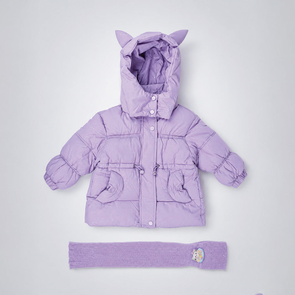 Little Surprise Box Purple Cat Glitter Quilted Hooded Winter Jacket with Muffler for Kids