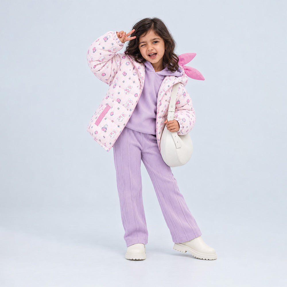 Little Surprise Box Pink Bunny Flower Quilted Hooded Winter Jacket for Kids