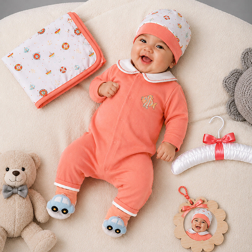 Little Surprise Box 9 Pcs Newborn Baby All Season Wear Net Gift Hamper Set - 0-6M - Peach Fishy - image 4