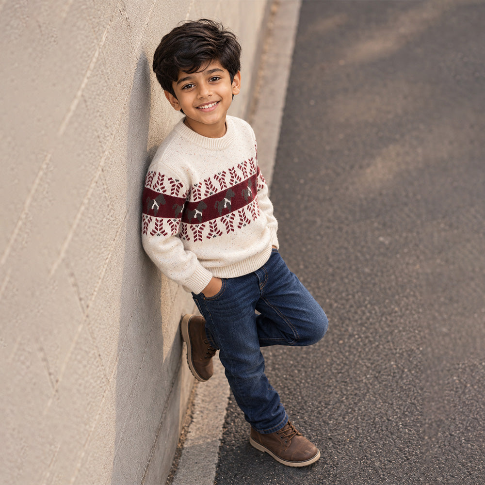 Little Surprise Box, Cream Horse Pattern Knitted Winter Cardigan, Christmas Sweater for Kids