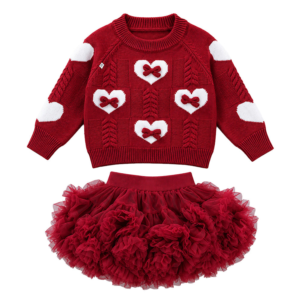 Little Surprise Box, Maroon Heart & Bow Sweater with Fluffy Ruffle Skirt, Winterwear, 2 Pcs Set for Girls