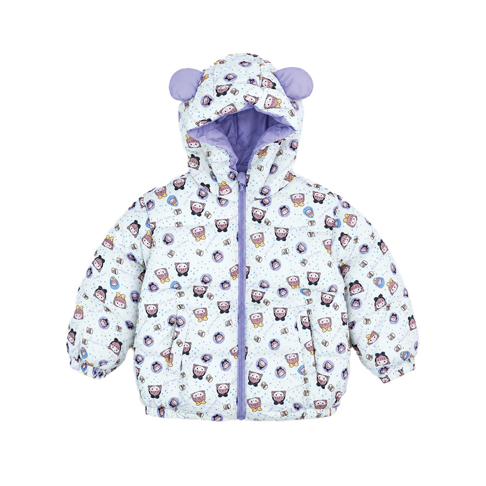 Little Surprise Box Cream & Purple Happy Girl Quilted Hooded Winter Jacket for Kids