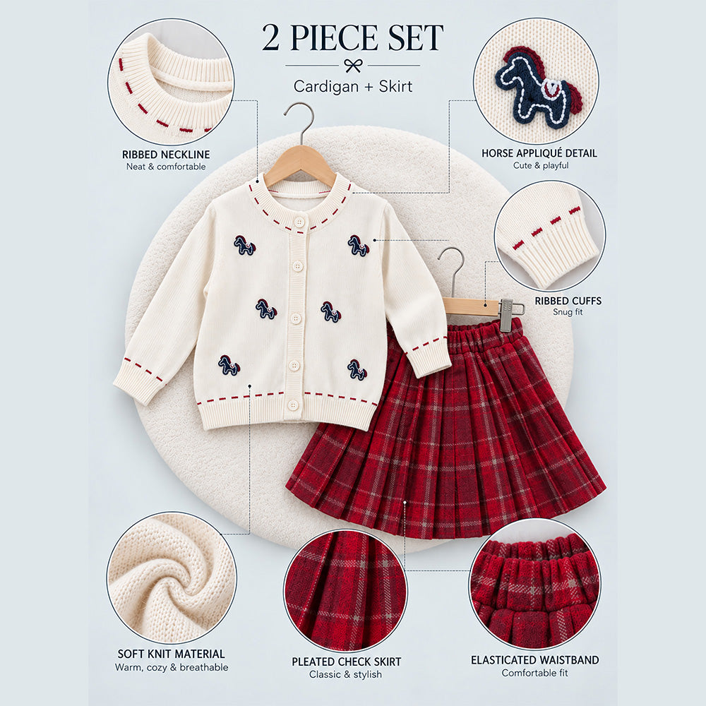 Little Surprise Box, Ivory Horse Cardigan & Maroon Checked Skirt, Winterwear, 2 Pcs Set for Girls