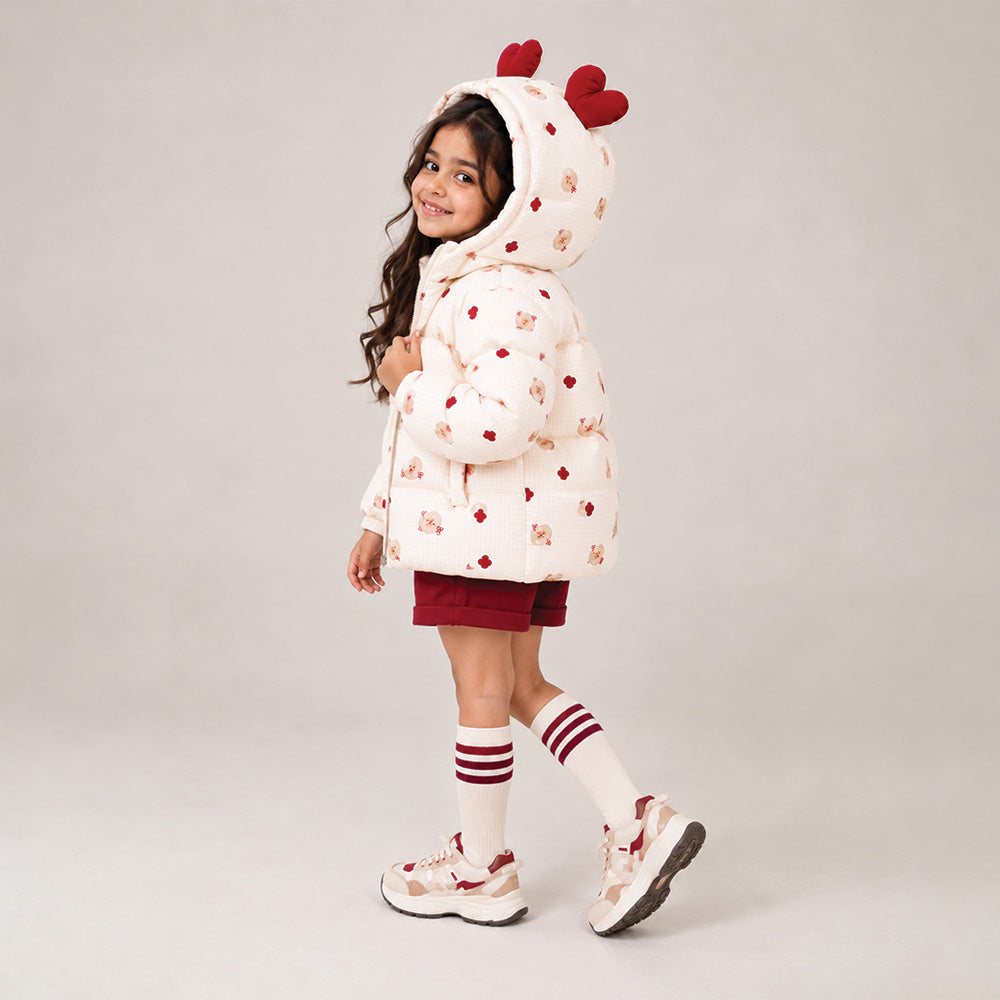 Little Surprise Box Cream & Maroon  Heart Teddy Quilted Hooded Winter Jacket for Kids