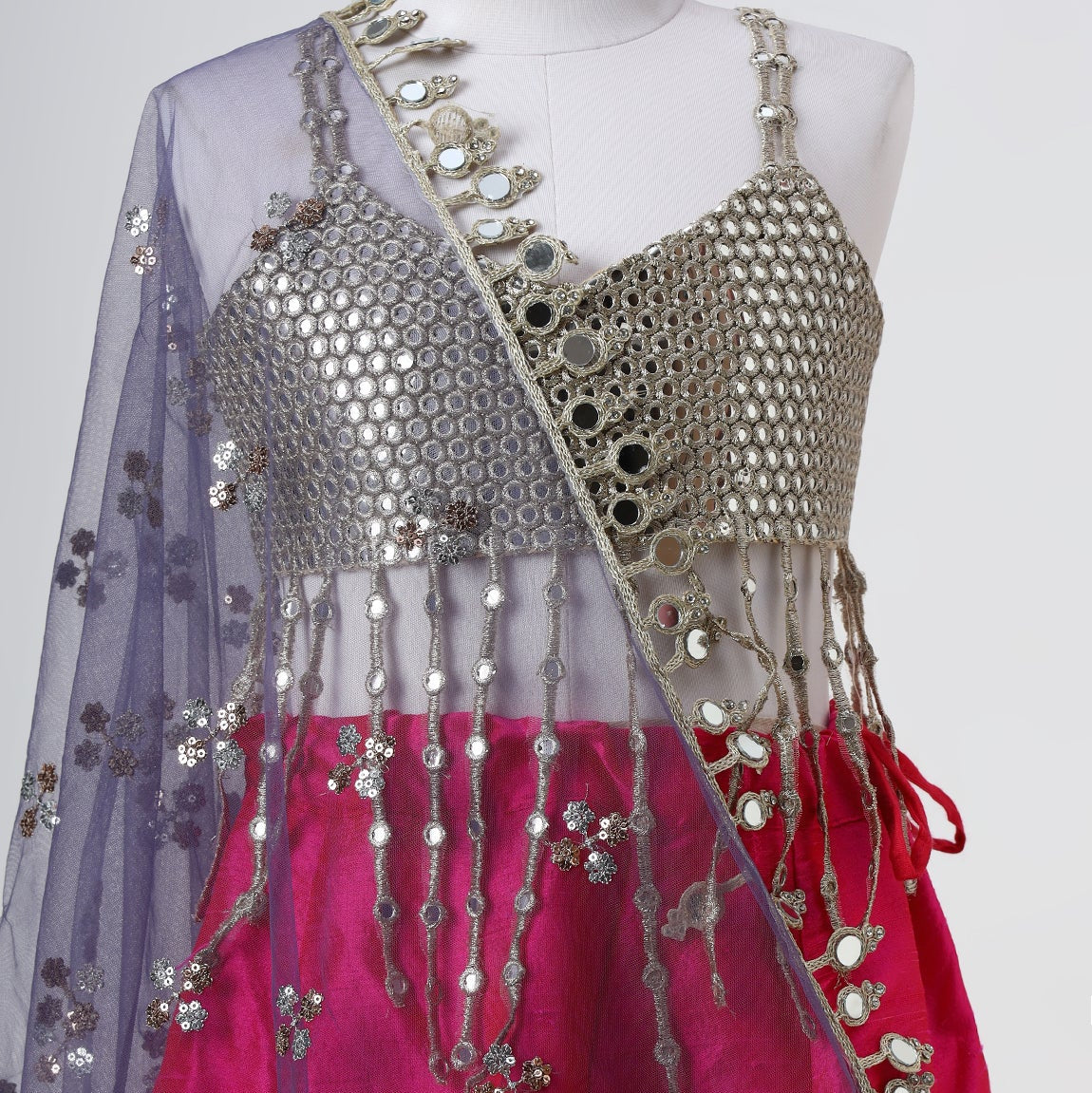 Silver Grey & Magenta Mirror Embroidered Lehenga Set - image 3