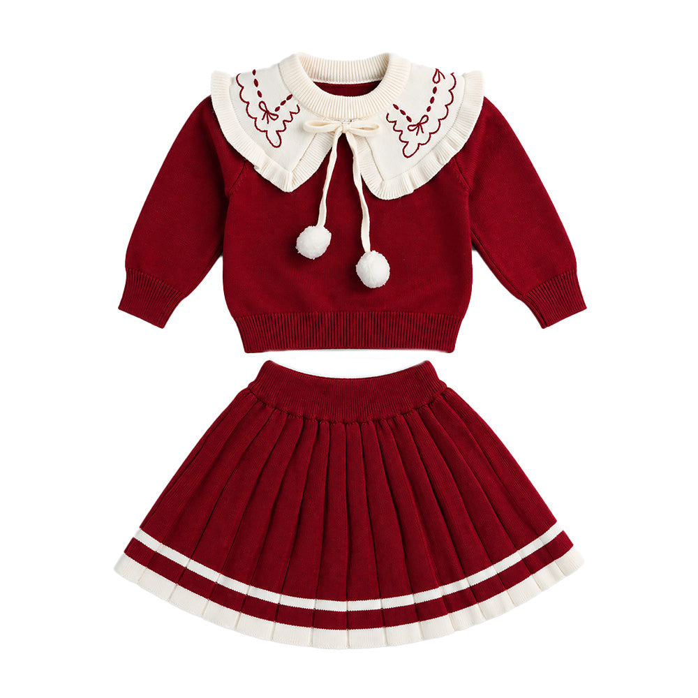 Little Surprise Box, Maroon Ruffle-Collar Sweater & Pleated Skirt with Bow Pom-Pom Clip, Winterwear 2 Pcs Set for Girls