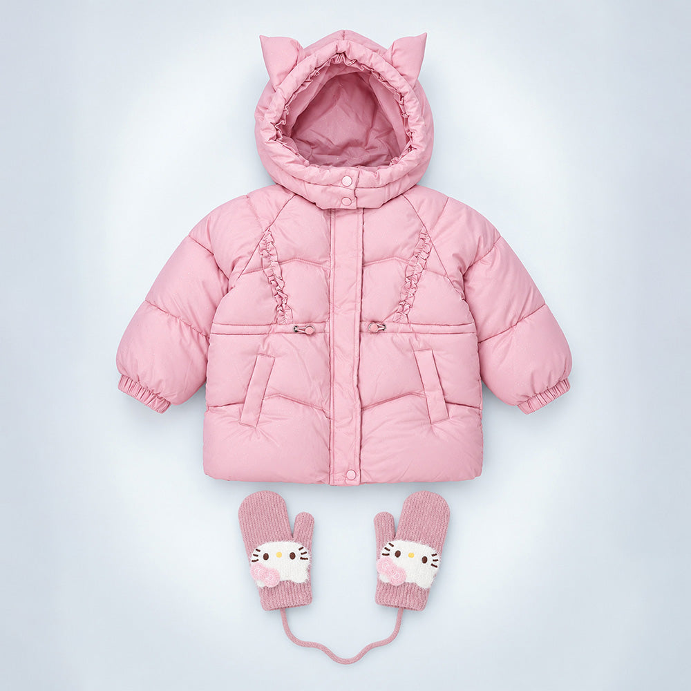 Little Surprise Box Pink Cat Glitter Quilted Hooded Winter Jacket with Mittens for Kids