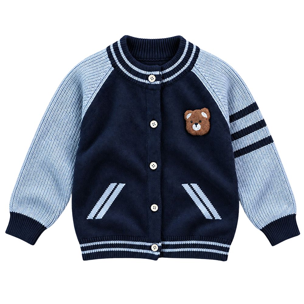 Little Surprise Box, Navy Blue & Grey Bear Varsity-Style Winter Cardigan Sweater for Kids