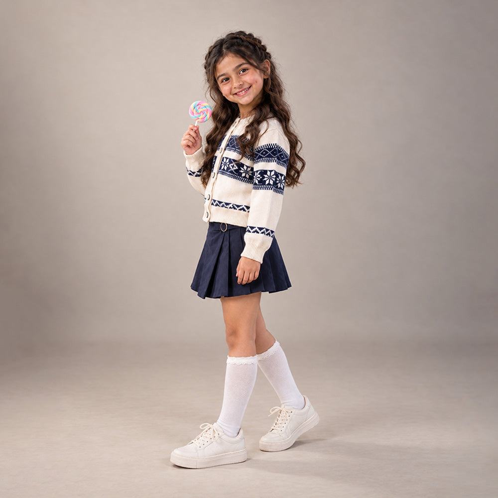 Little Surprise Box, Cream & Navy Blue Nordic Pattern Winter Cardigan Sweater for Kids