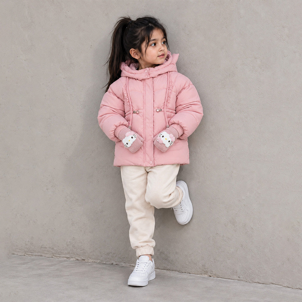 Little Surprise Box Pink Cat Glitter Quilted Hooded Winter Jacket with Mittens for Kids
