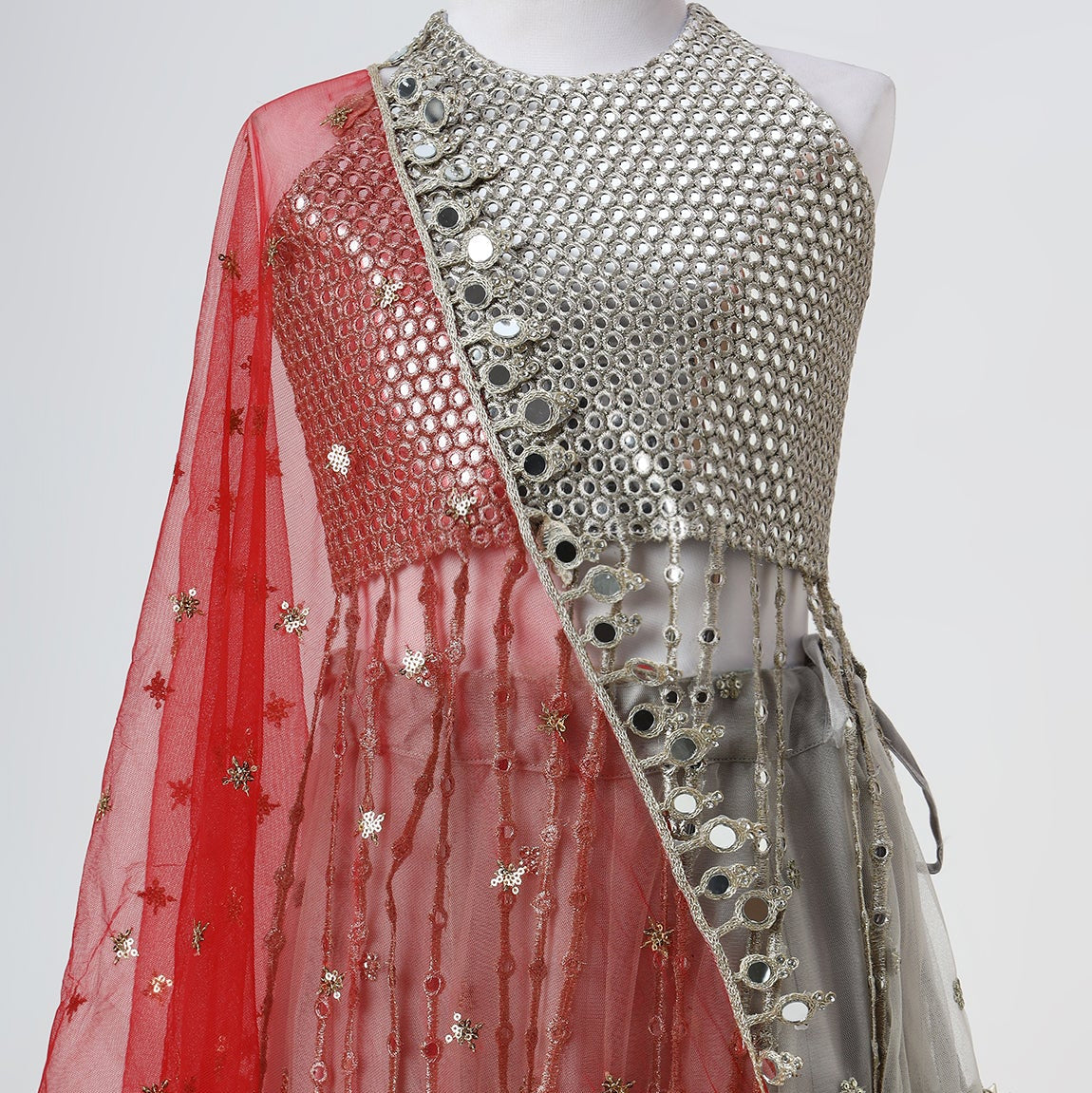 Silver Grey Mirror Embroidered Net Lehenga Set - image 4