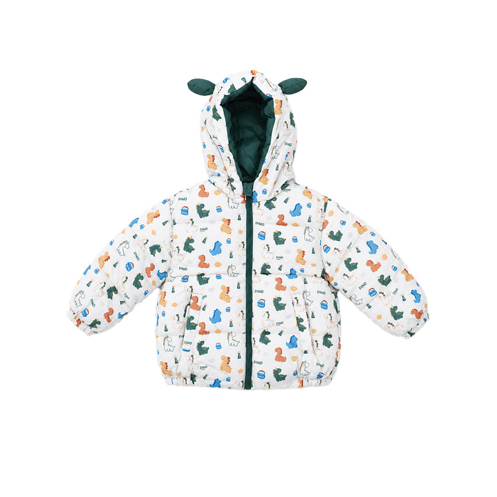 Little Surprise Box Cream & Green Baby Dino Quilted Hooded Winter Jacket for Kids