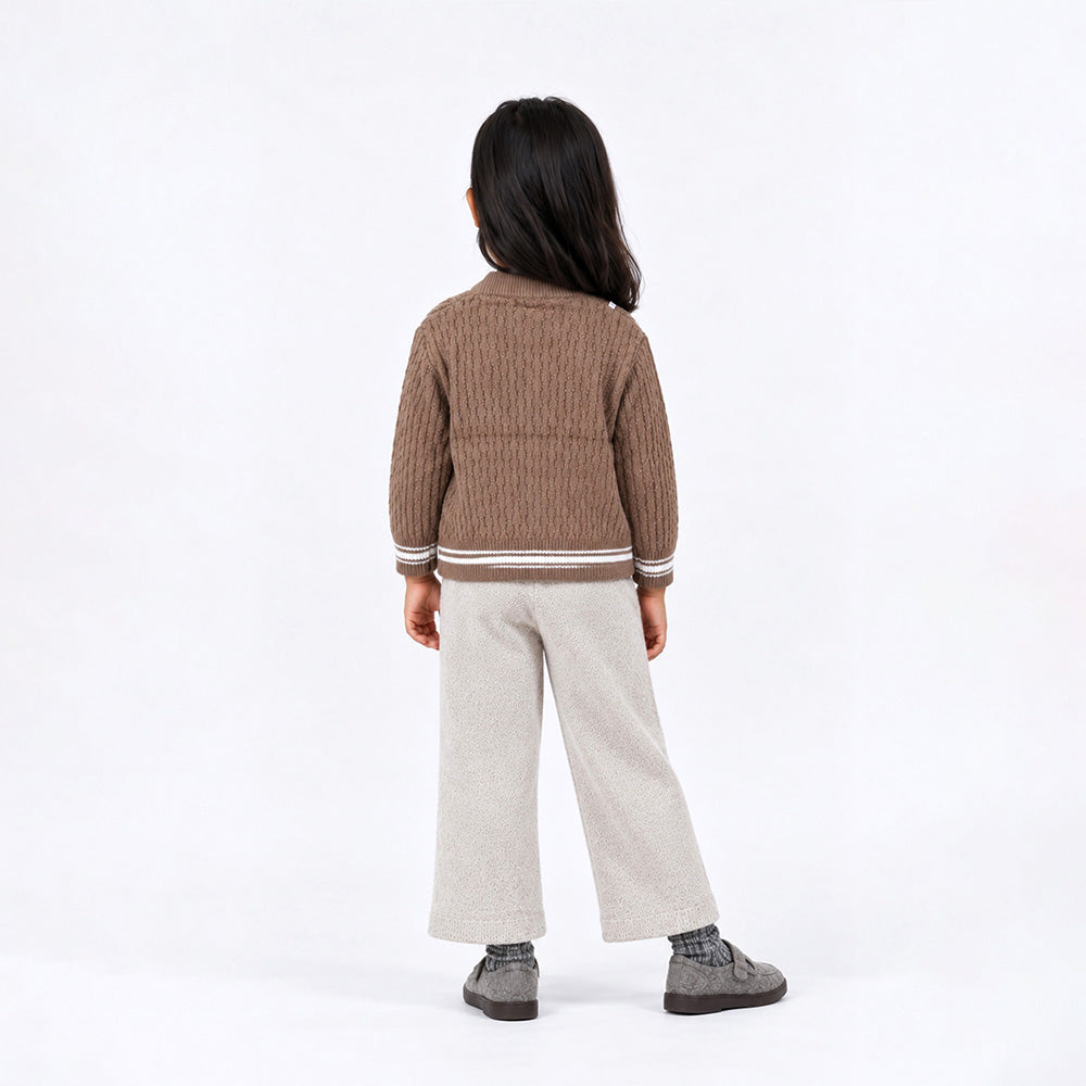 Little Surprise Box, Brown Cable-Knit Winter Cardigan Sweater with Detachable Teddy Clip for Kids