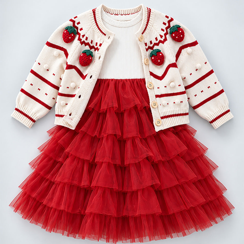 Little Surprise Box, White Strawberry Cardigan & White-Red Ruffle Frock, Winterwear 2 Pcs Set for Girls