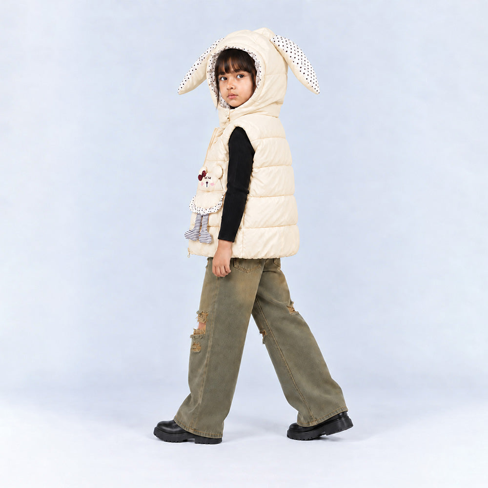 Little Surprise Box Yellow Polka Dots Cute Character-Themed Quilted Hooded Sleeveless Winter Jacket for Kids