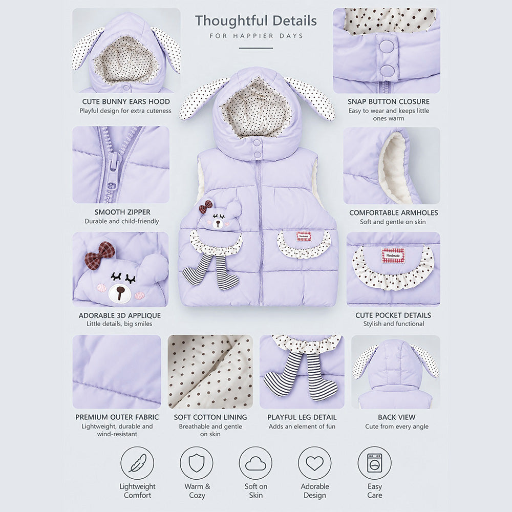 Little Surprise Box Purple Polka Dots Cute Character-Themed Quilted Hooded Sleeveless Winter Jacket for Kids