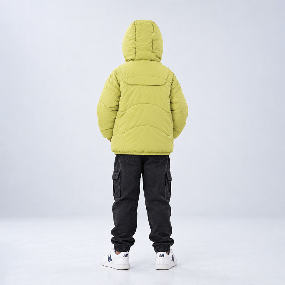 Little Surprise Box Olive Green Dino-Themed Quilted Hooded Winter Jacket for Kids