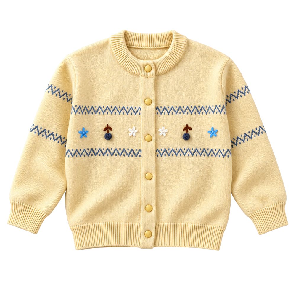 Little Surprise Box, Pastel Yellow Floral Knitted Winter Cardigan Sweater for Kids