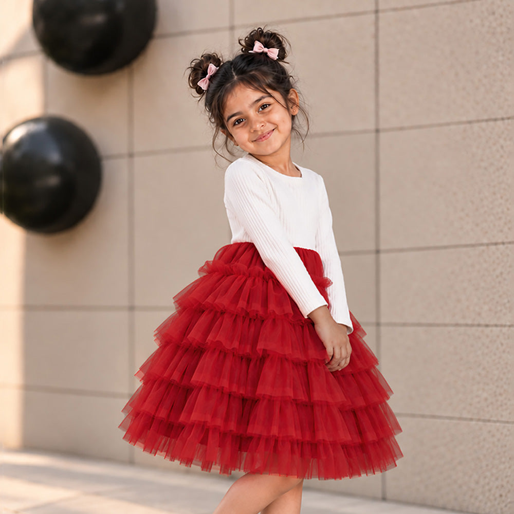 Little Surprise Box, Red Pearl & Silver Bow Cardigan & White-Red Ruffle Frock, Winterwear 2 Pcs Set for Girls