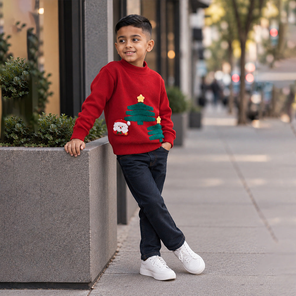 Little Surprise Box, Red Christmas 2 Tree & Santa Knitted Winter Cardigan, Christmas Sweater for Kids