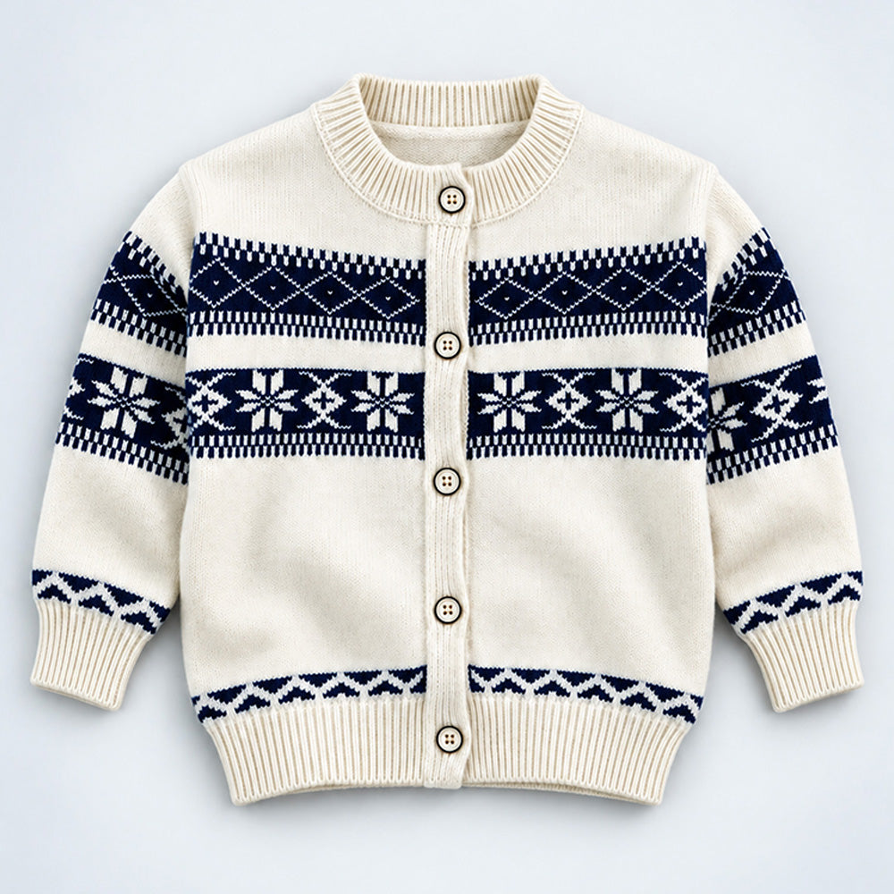 Little Surprise Box, Cream & Navy Blue Nordic Pattern Winter Cardigan Sweater for Kids