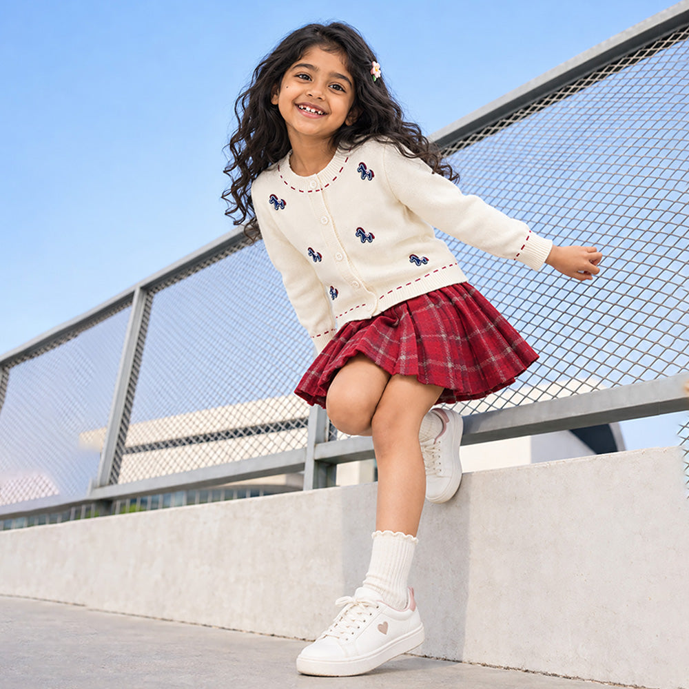Little Surprise Box, Ivory Horse Cardigan & Maroon Checked Skirt, Winterwear, 2 Pcs Set for Girls