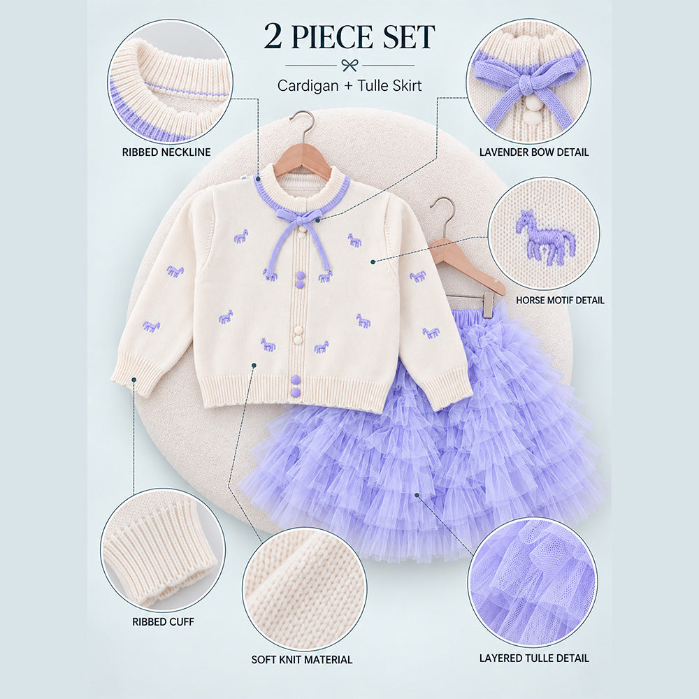 Little Surprise Box, Ivory Horse Sweater & Purple Ruffle Skirt with Detachable Bow Clip, Winterwear 2 Pcs Set for Girls