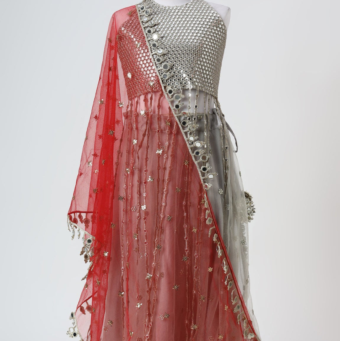 Silver Grey Mirror Embroidered Net Lehenga Set - image 3