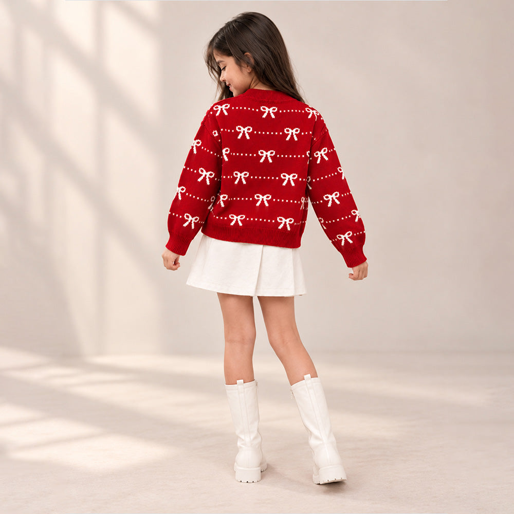 Little Surprise Box, Red White Bow Dotted Knitted Winter Cardigan, Christmas Sweater for Kids