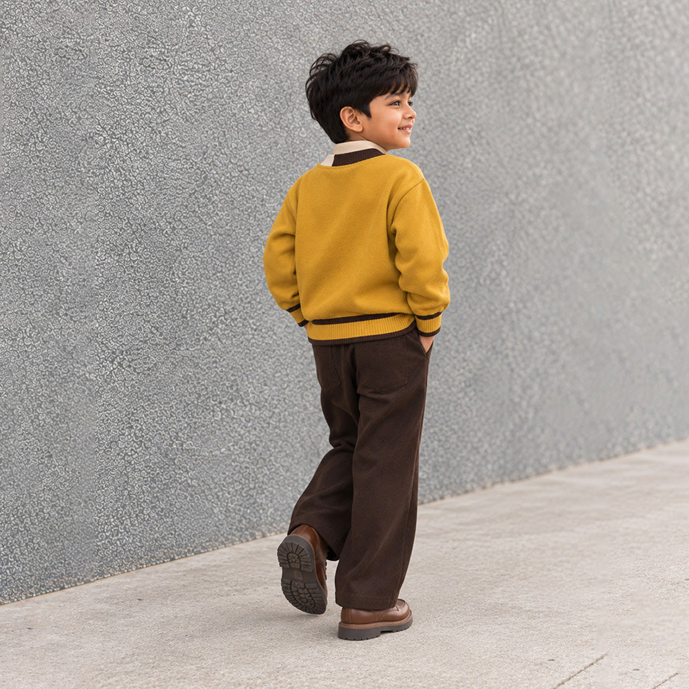 Little Surprise Box, Olive Yellow V-Neck Puppy Pocket V Neck Winter Cardigan Sweater for Kids