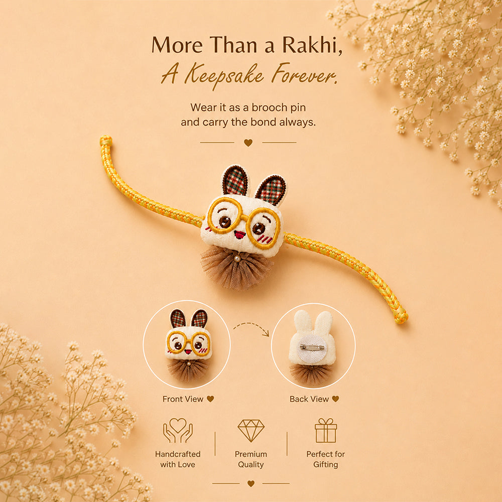 Dual-Style Plush Rakhi & Brooch for Kids - Glasses Bunny image 3