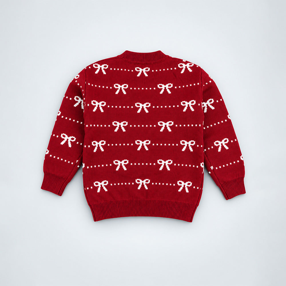 Little Surprise Box, Red White Bow Dotted Knitted Winter Cardigan, Christmas Sweater for Kids