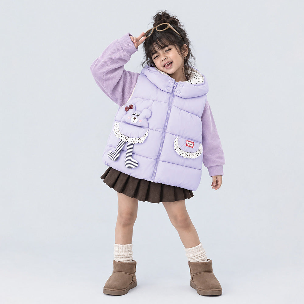 Little Surprise Box Purple Polka Dots Cute Character-Themed Quilted Hooded Sleeveless Winter Jacket for Kids
