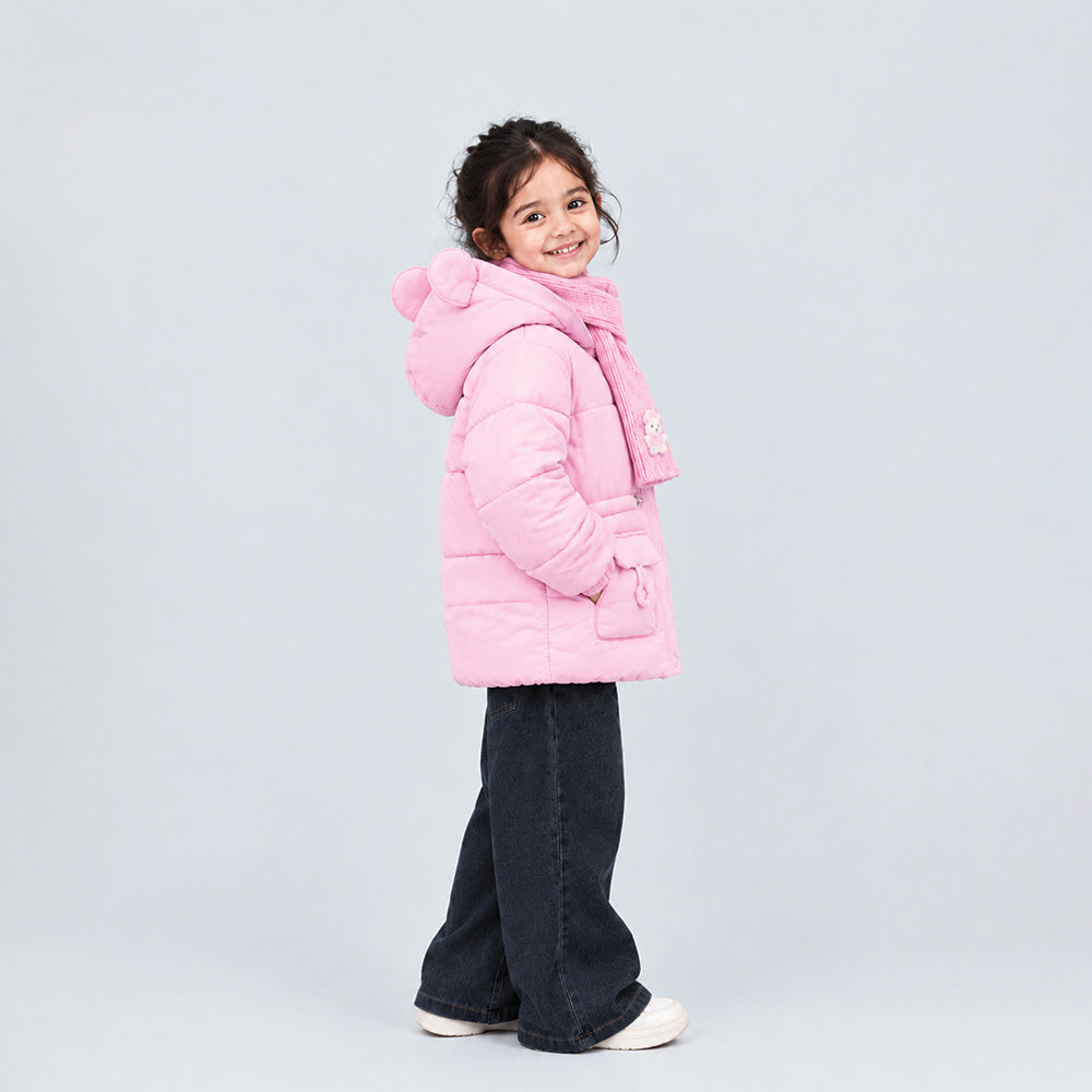 Little Surprise Box Pink Bunny Glitter Quilted Hooded Winter Jacket with Muffler for Kids