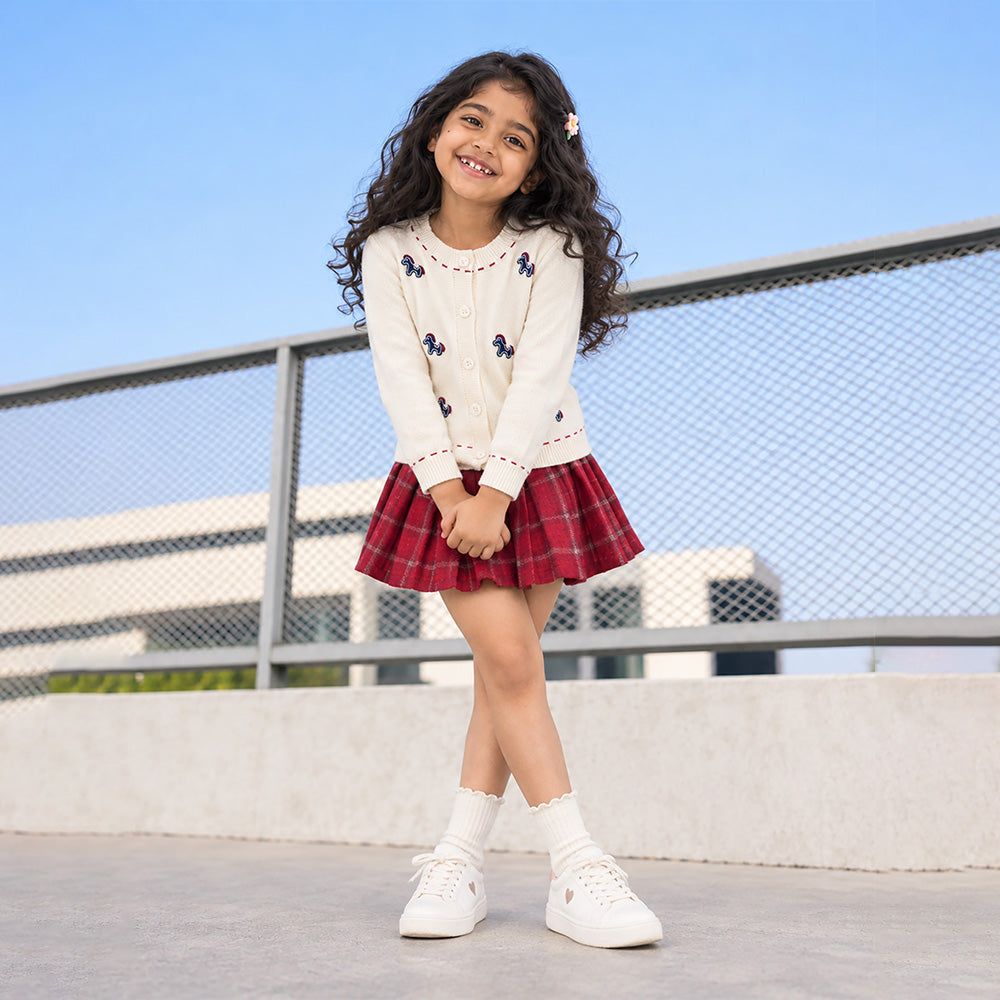 Little Surprise Box, Ivory Horse Cardigan & Maroon Checked Skirt, Winterwear, 2 Pcs Set for Girls