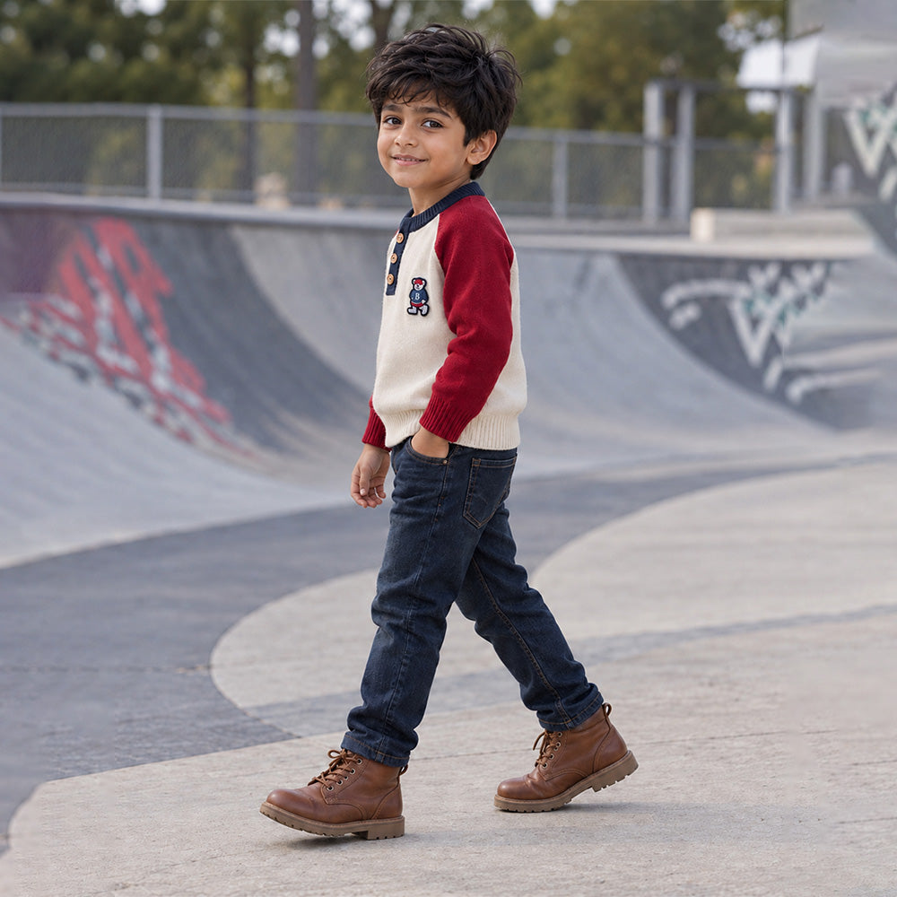 Little Surprise Box, Cream & Maroon Sporty Bear Winter Cardigan, Christmas Sweater for Kids
